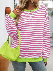 Women Color Striped Crew Neck Loose Sweatshirt Sweater