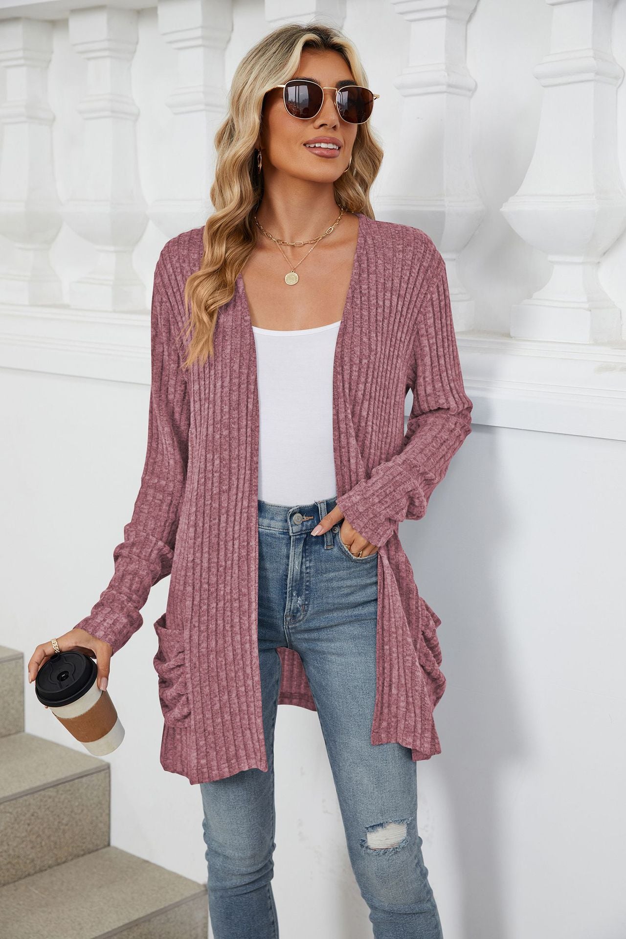 Solid Color Pocket Long-sleeved Bottom Cardigan Knitted Sweater