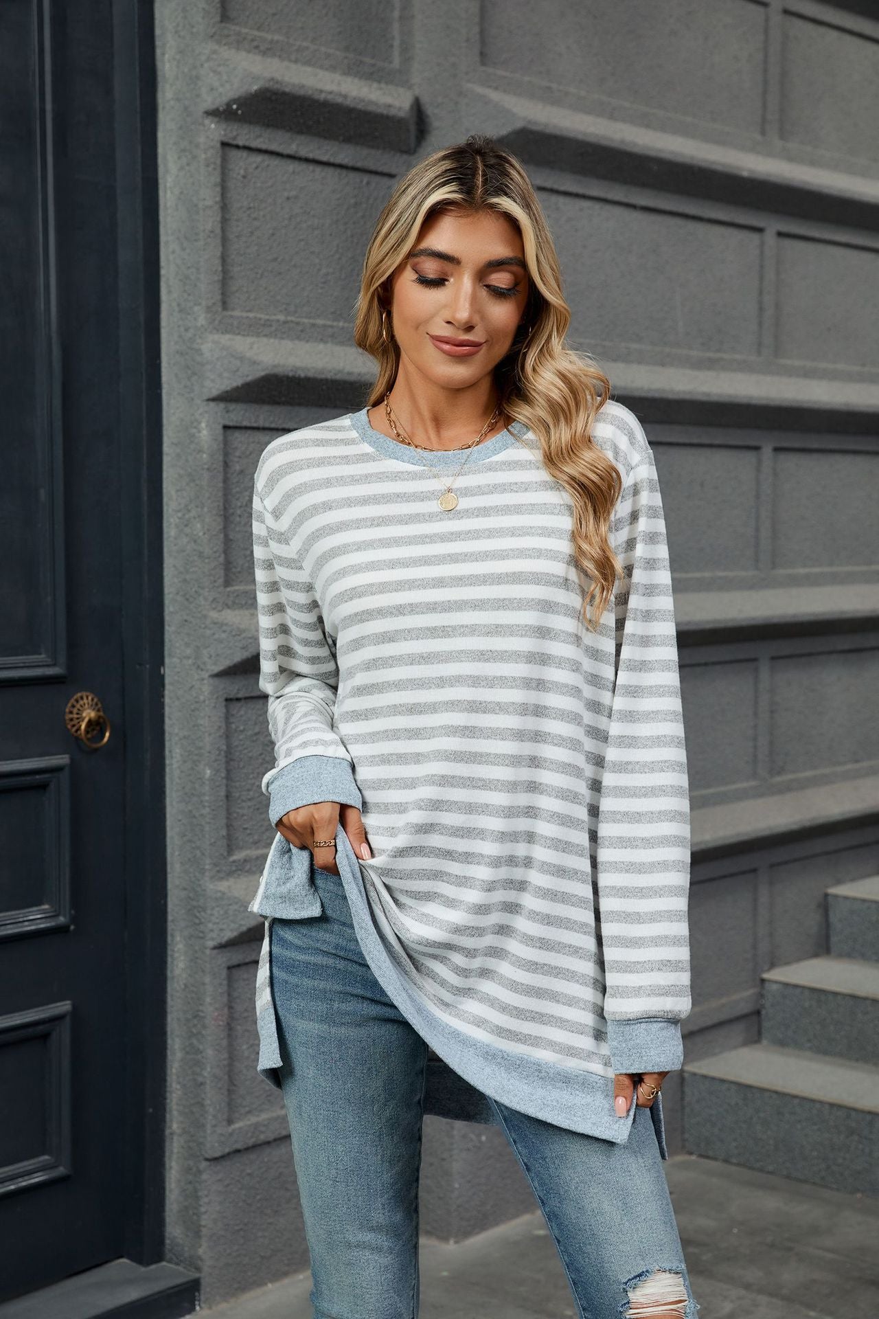 Striped Crew Neck Long Sleeves Loose