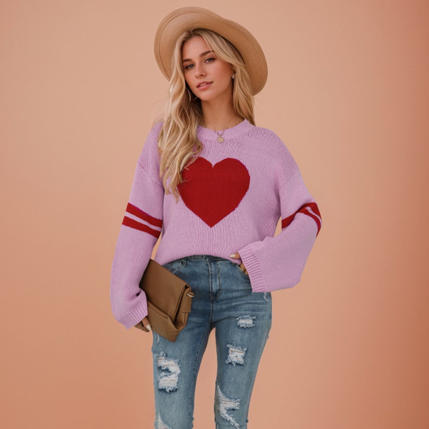 Sweater Clashing Heart Peach Crew Neck Knit Valentine's Day Style