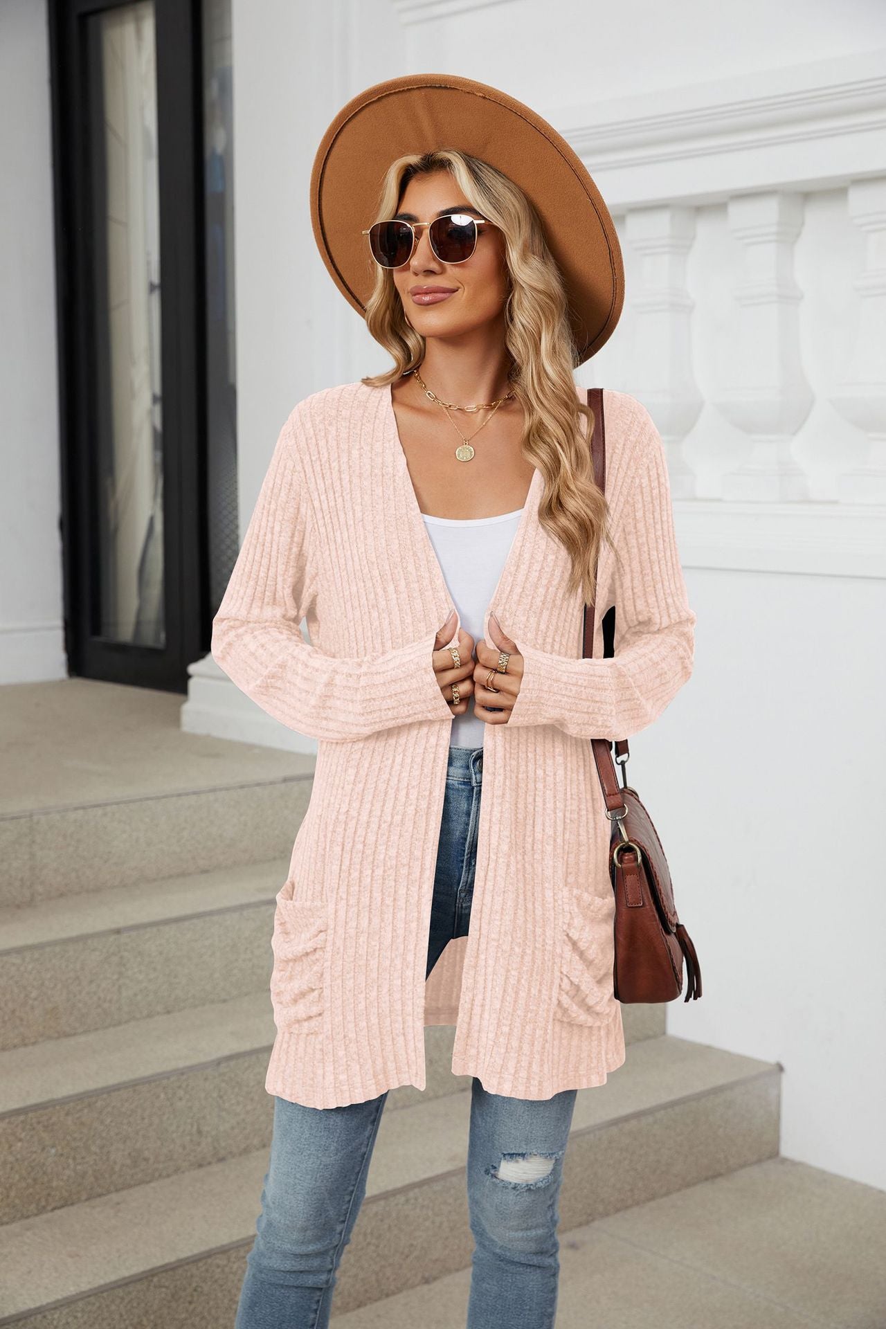 Solid Color Pocket Long-sleeved Bottom Cardigan Knitted Sweater