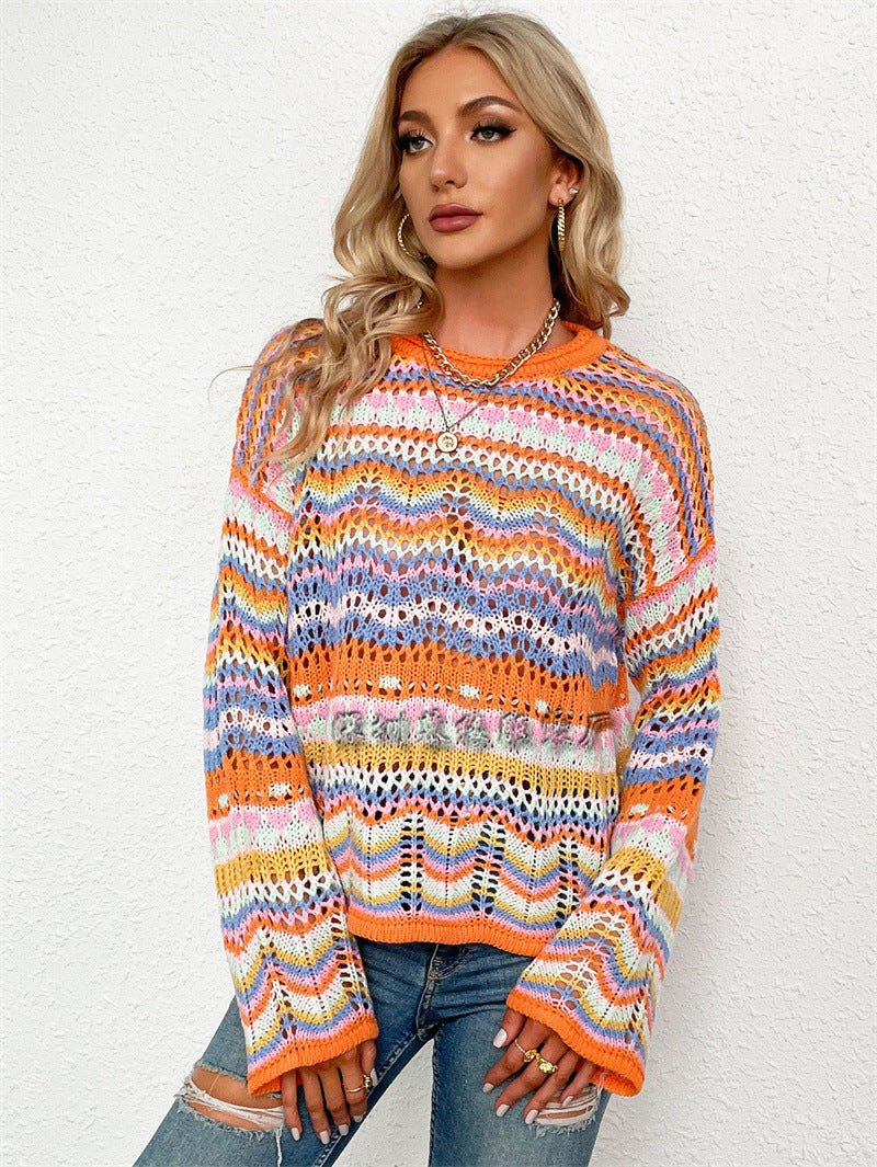 Splicing Knitted Sweater Loose Crew Neck Striped Sweater