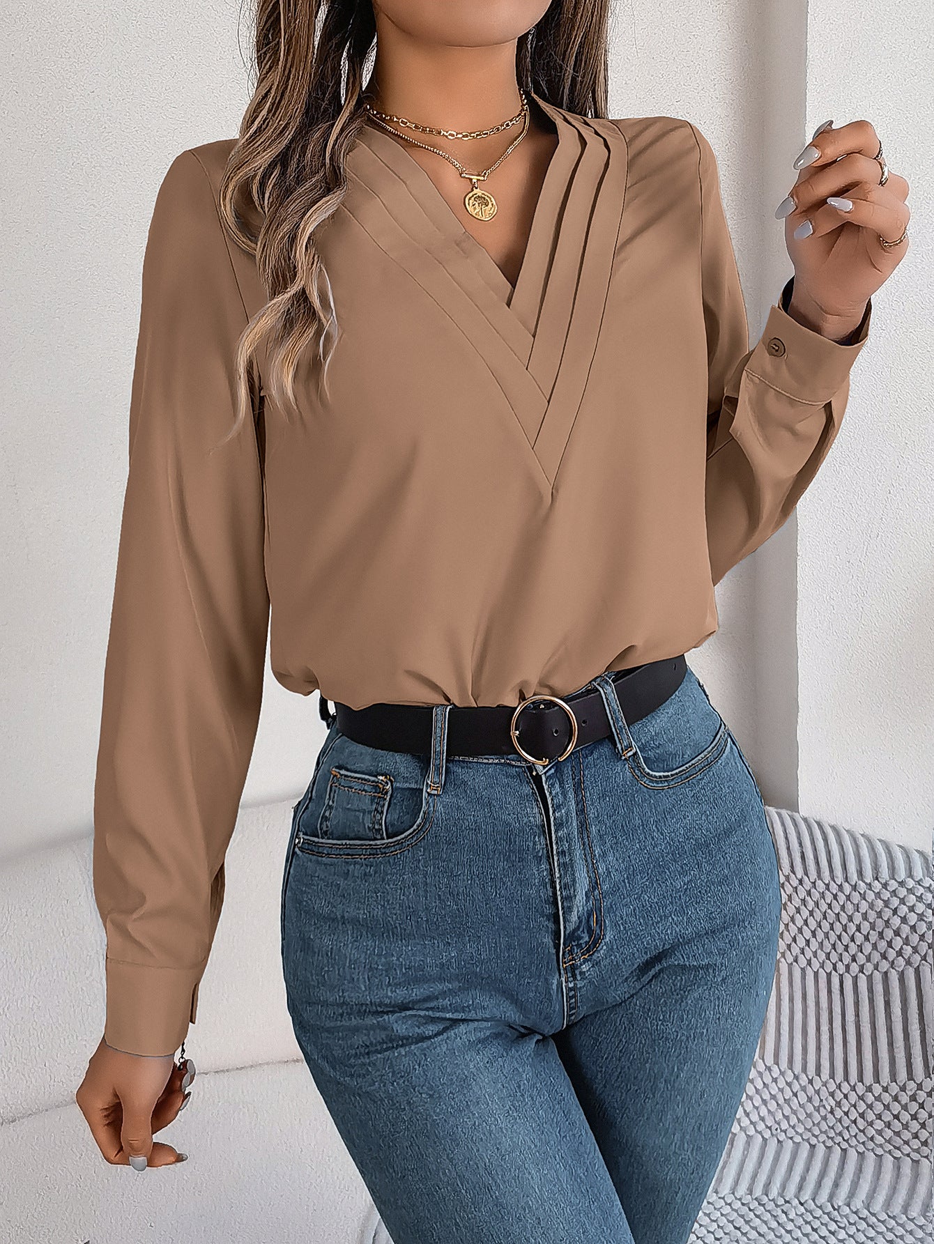 Long Sleeve Tops Pleated V Neck Dressy Casual Blouse Shirt Top