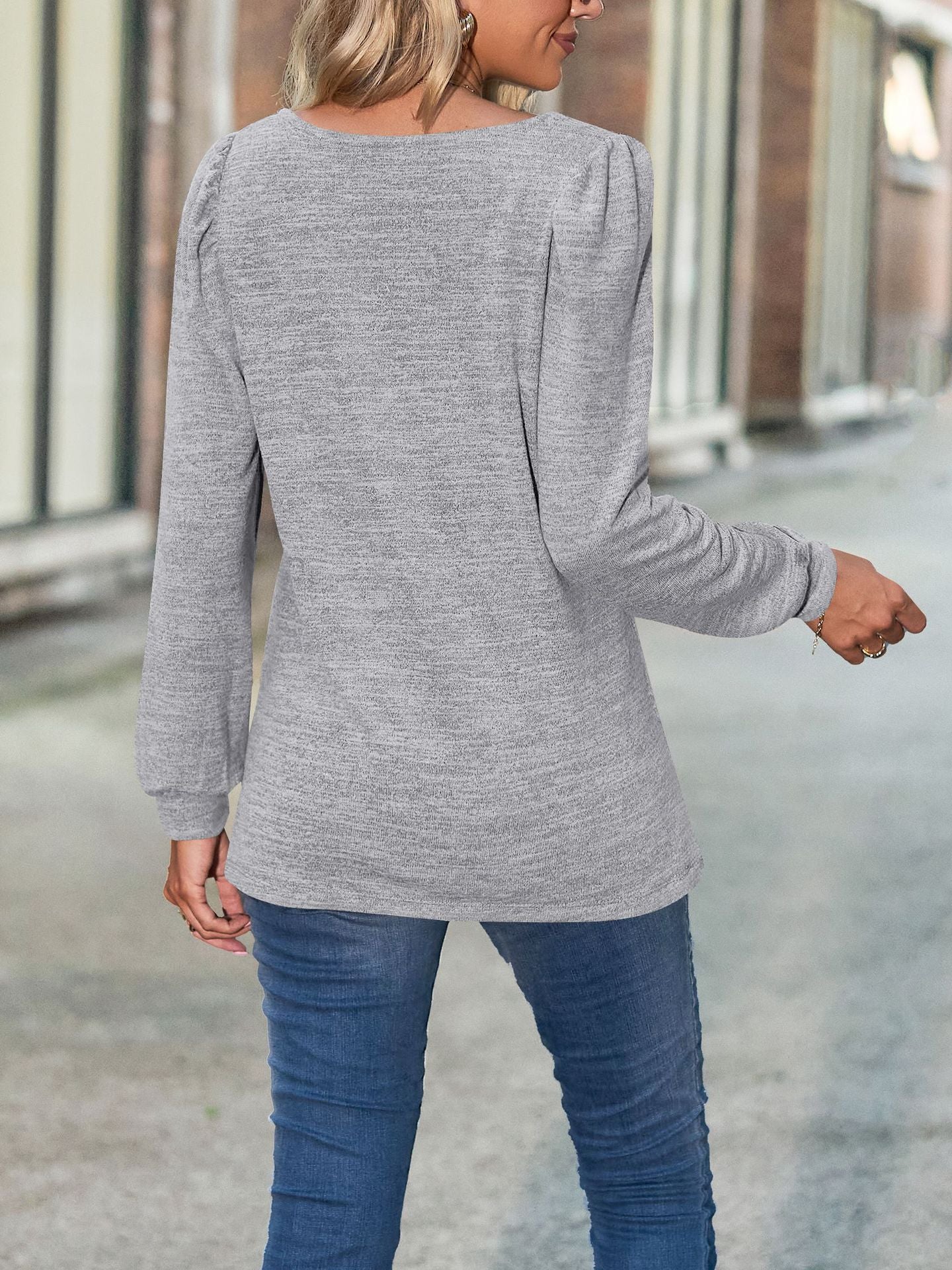 Loose Casual Bubble Sleeves Square Neck Long-sleeved T-shirt