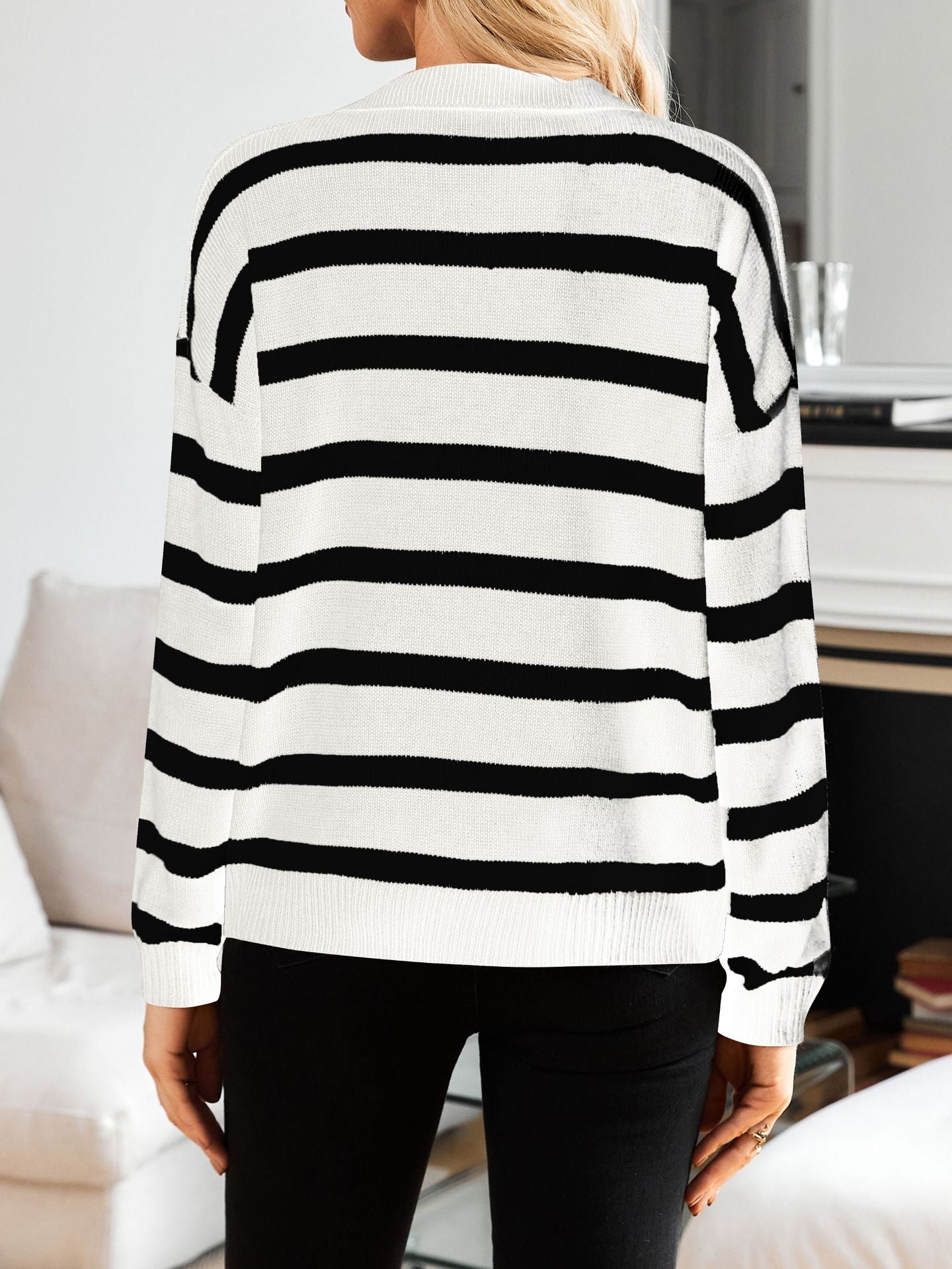 Women's Lapel Striped Contrasting Color Long-sleeved Casual Sweater