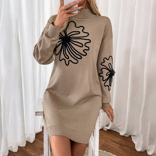 Middle Neck Flower Pattern Sweater Skirt