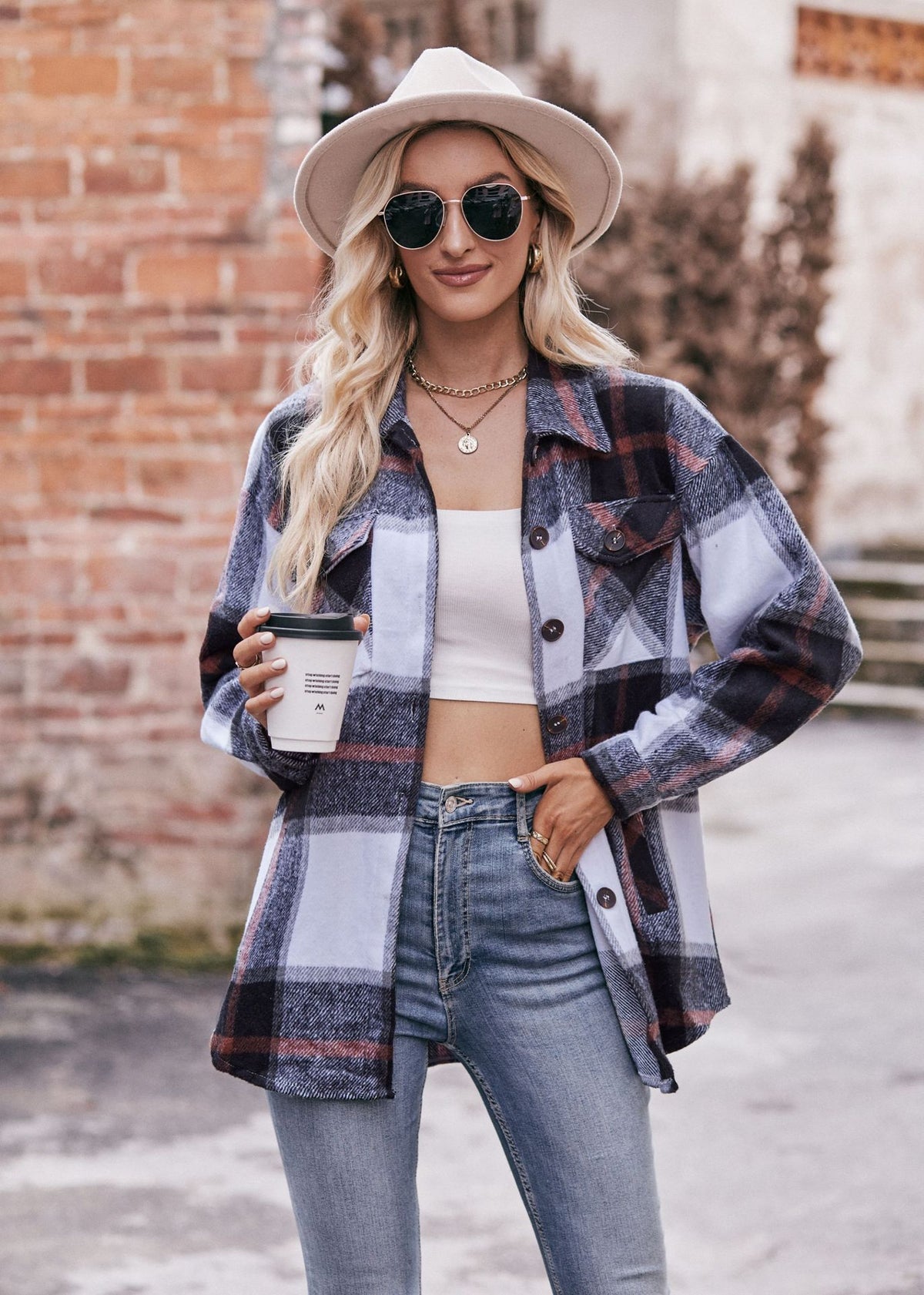 Women's Plaid Jacket Casual Loose Pocket Shirt