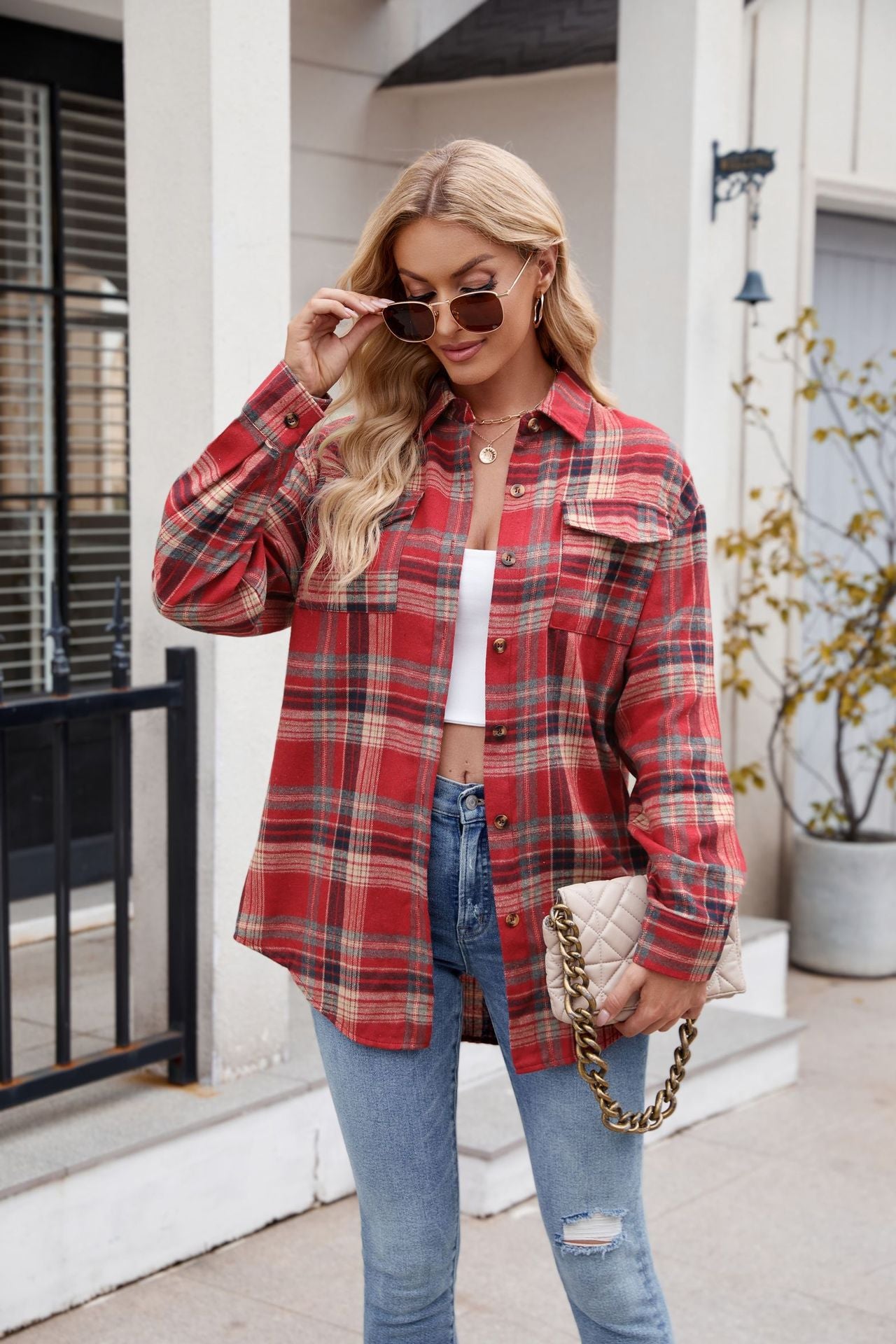 Women's  New Casual Fashion Loose Plaid Pocket Shirt