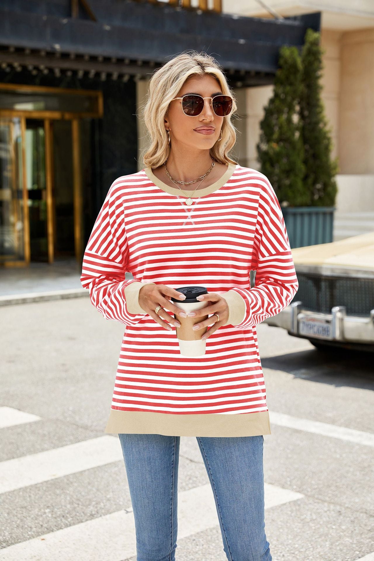 Contrasting Crew Neck Split Long Sleeve Loose Striped Sweater