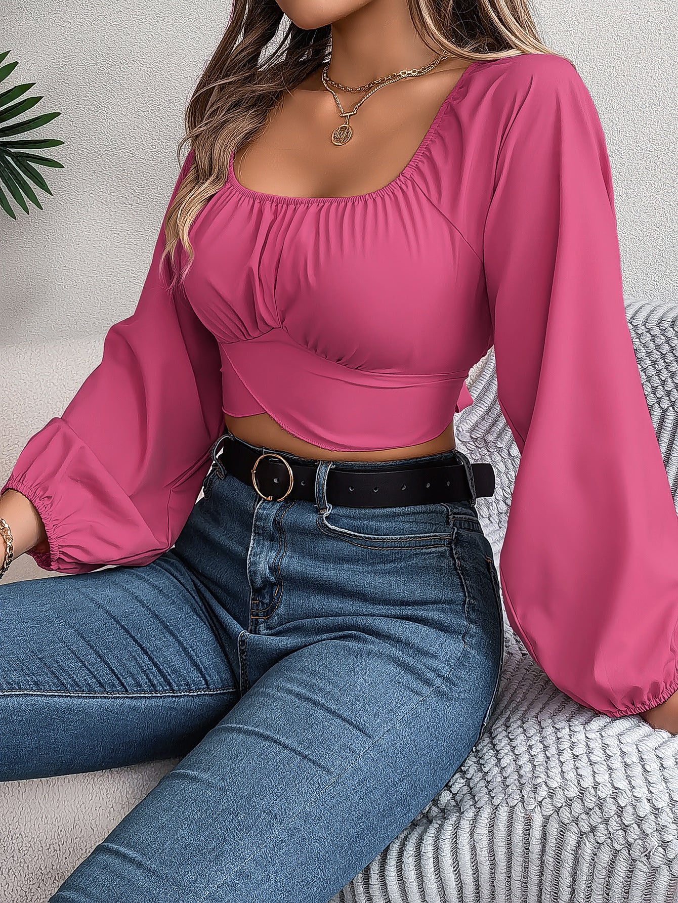 Women's Tops Casual Lantern Sleeve Tie Waist Chiffon Crop Top