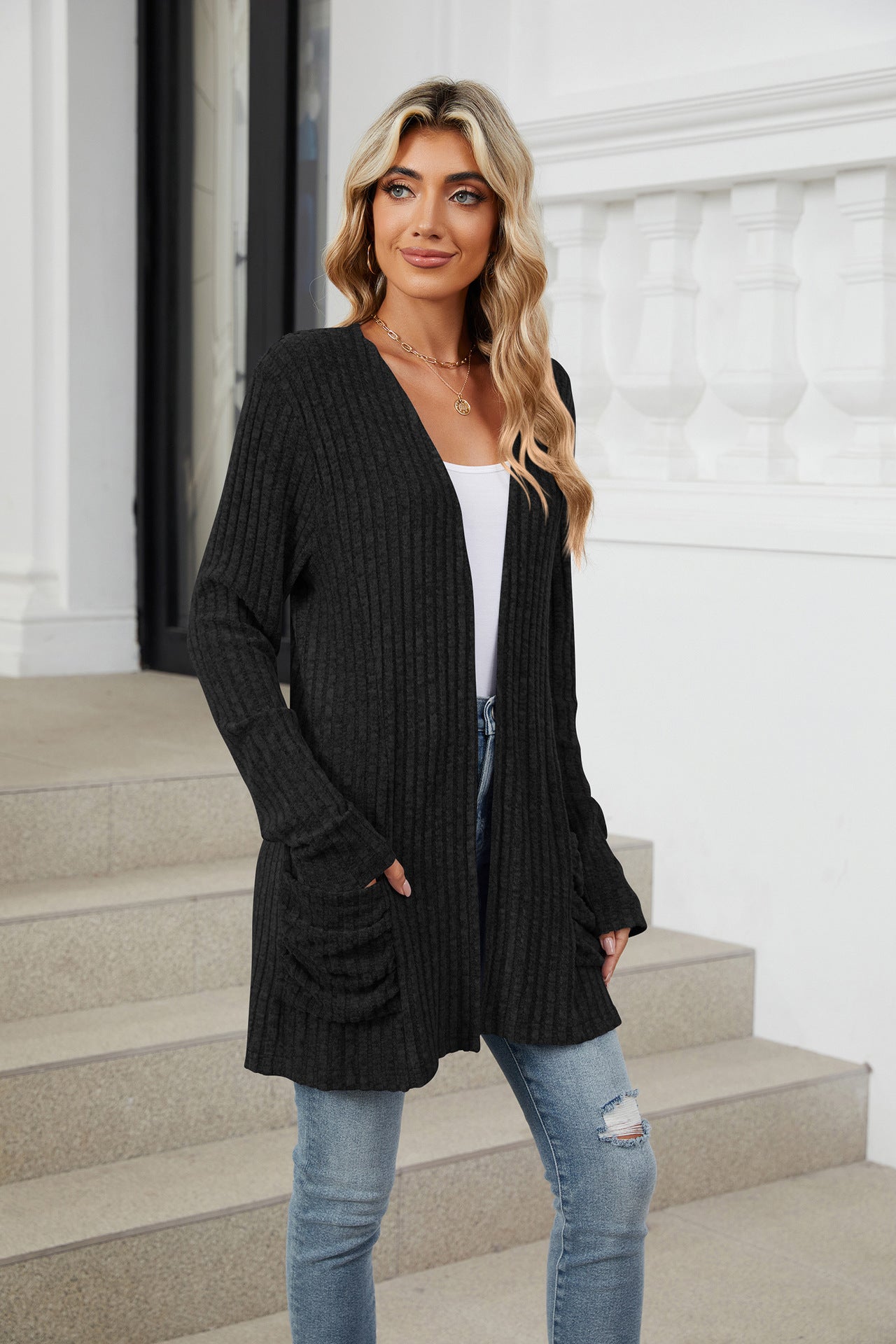 Solid Color Pocket Long-sleeved Bottom Cardigan Knitted Sweater