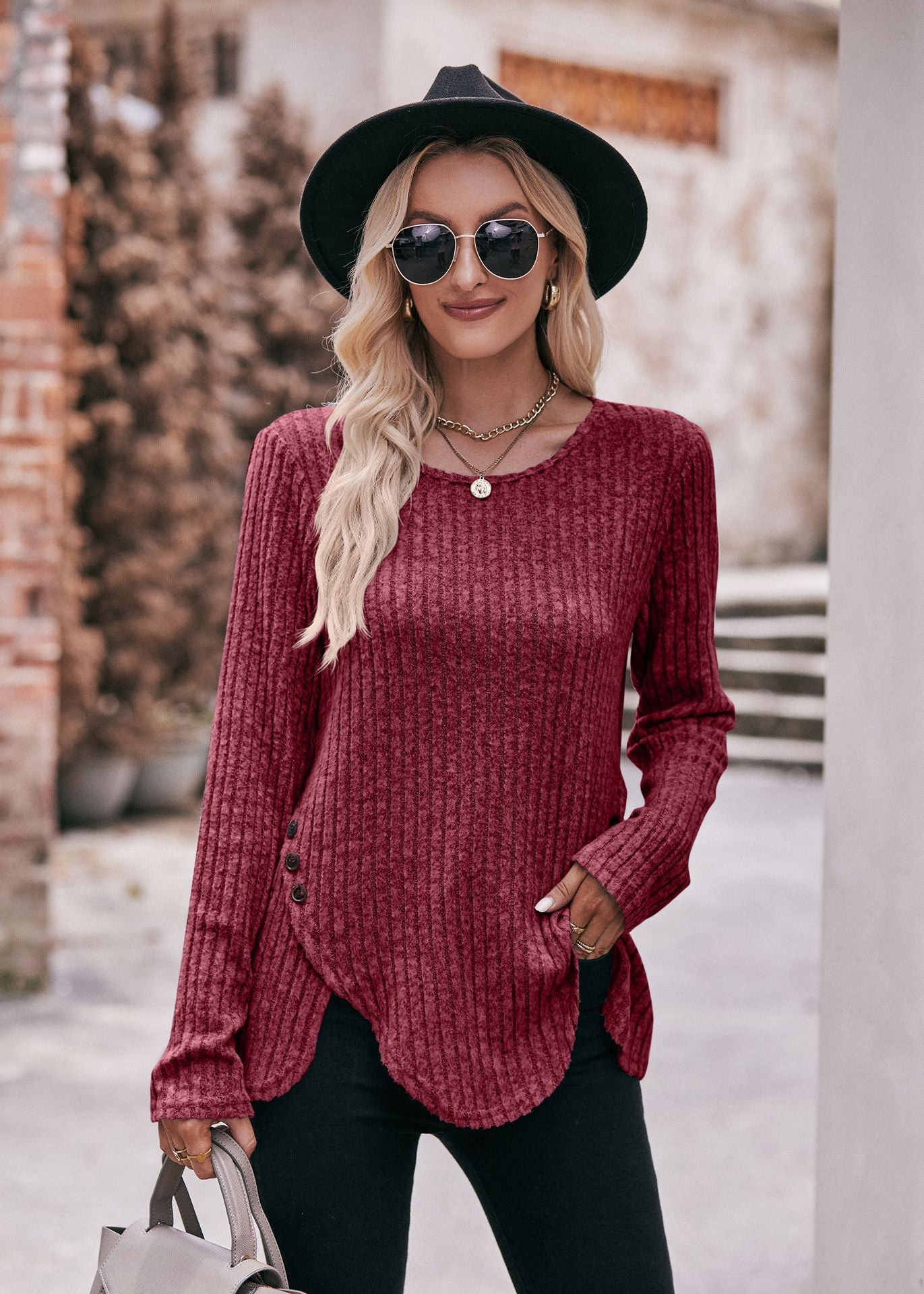 Women's Crew Neck Pit Strip Abraded Solid Color Top Long Sleeve Button T-Shirt