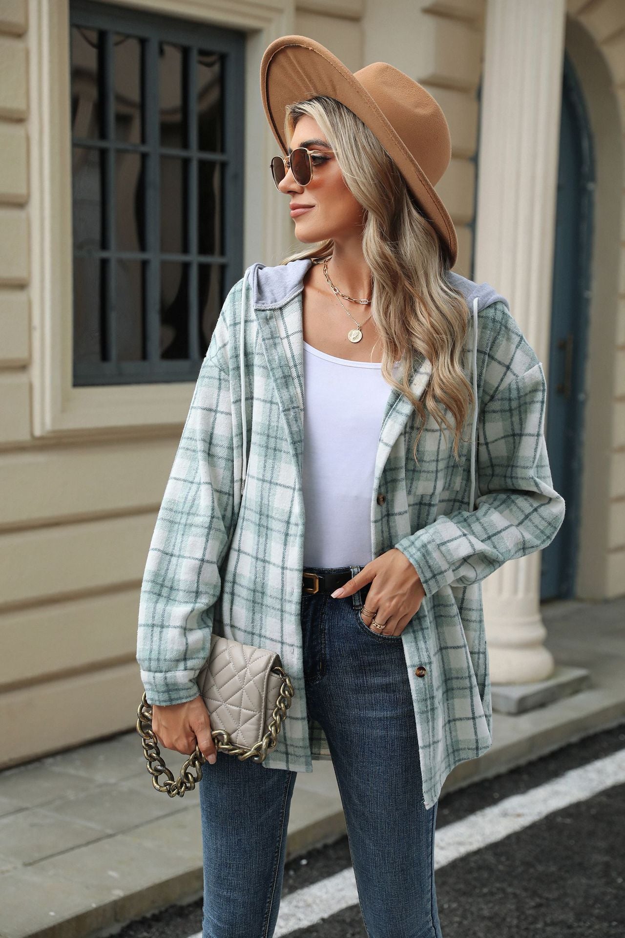 Plaid Contrast Hooded Long Sleeve Loose Wool Jacket