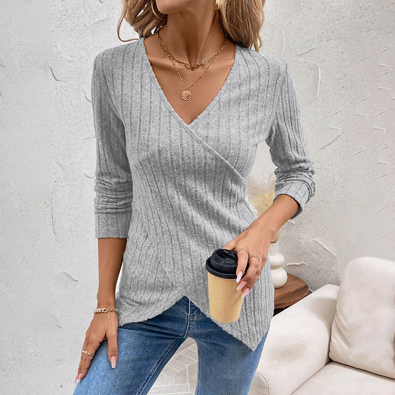 Solid Color Pit Strip Polished V-neck Top