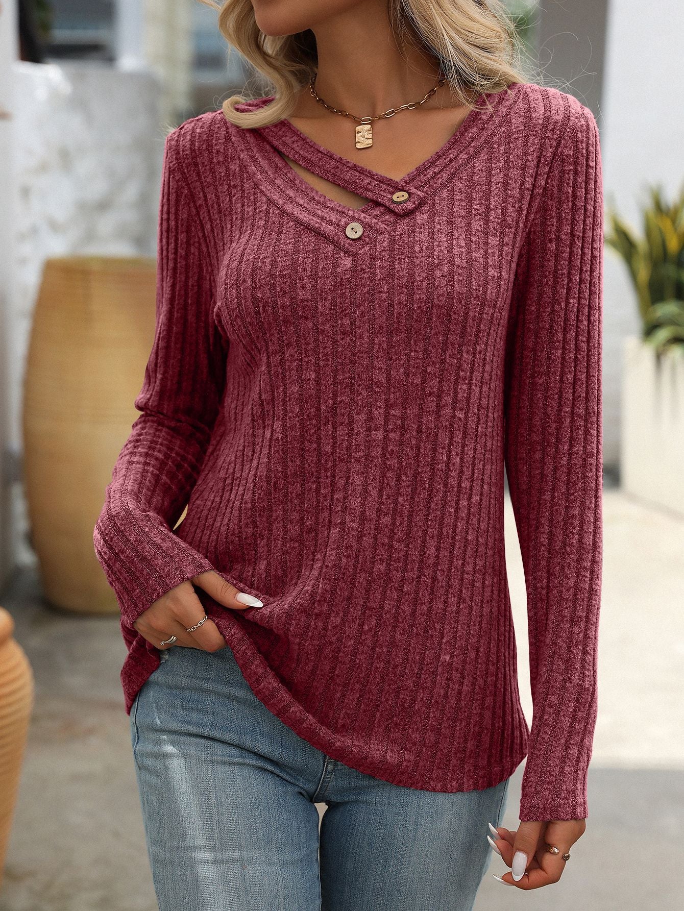 V-neck Button Top Pit Strip Sweater Long Sleeve