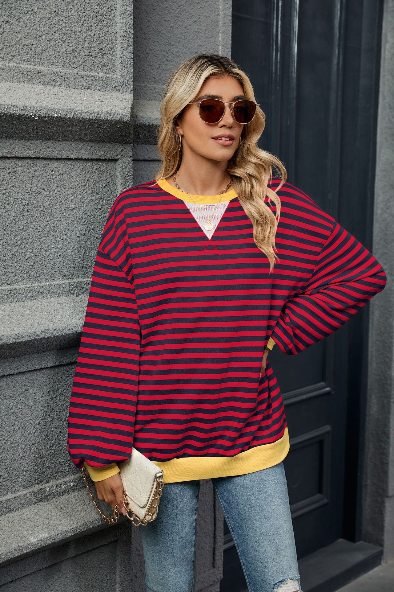 Contrasting Color Splicing Loose Long-sleeved Striped Crew Neck Sweater