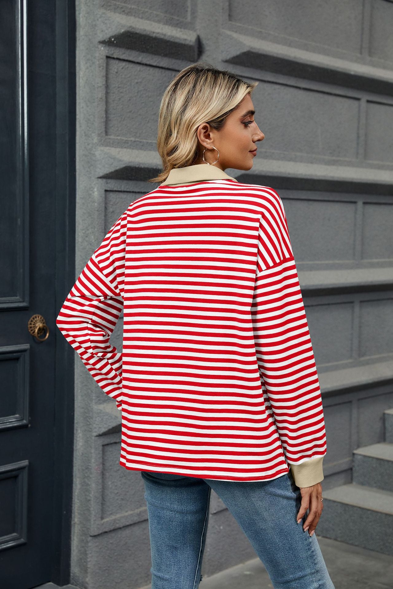 Lapel Loose Long Sleeve Striped Sweater