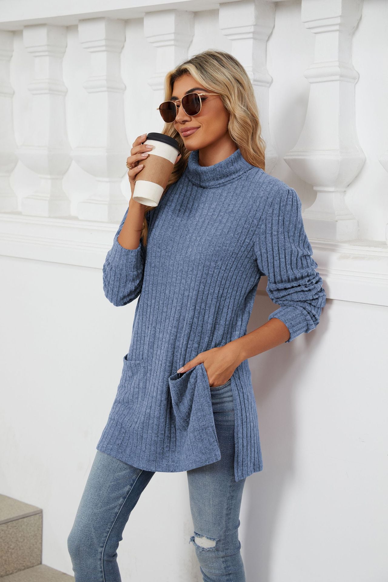 Half Turtleneck Loose Split Pocket T-shirt Top