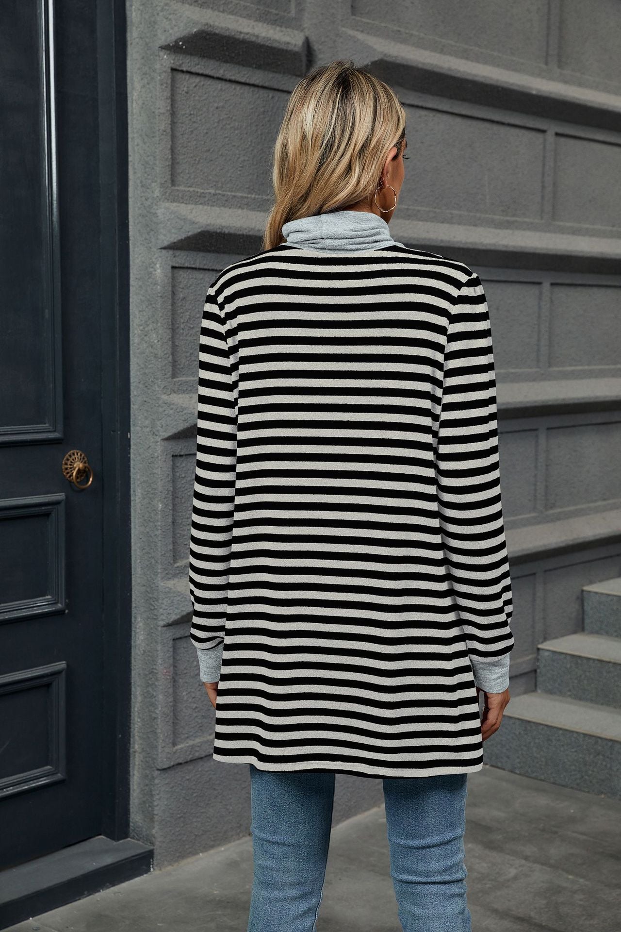 Stripes Contrast Loose Pockets High Neck Long Sleeves