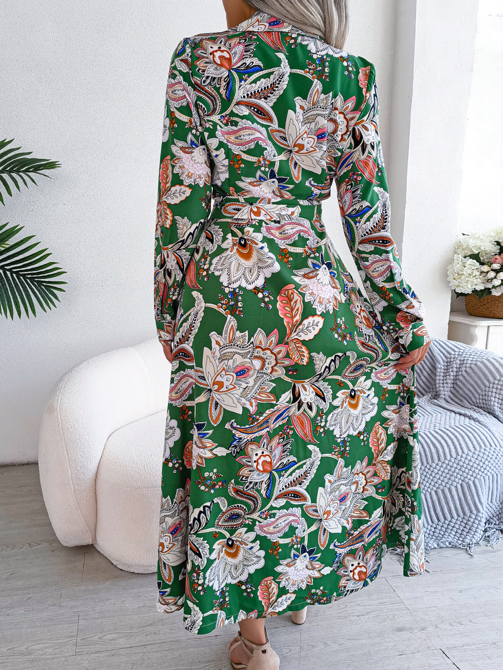 Vintage Floral Collar Tie-Front Shirt Dress Maxi