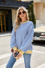 Striped Crew Neck Contrast Color Loose Long Sleeve Sweater