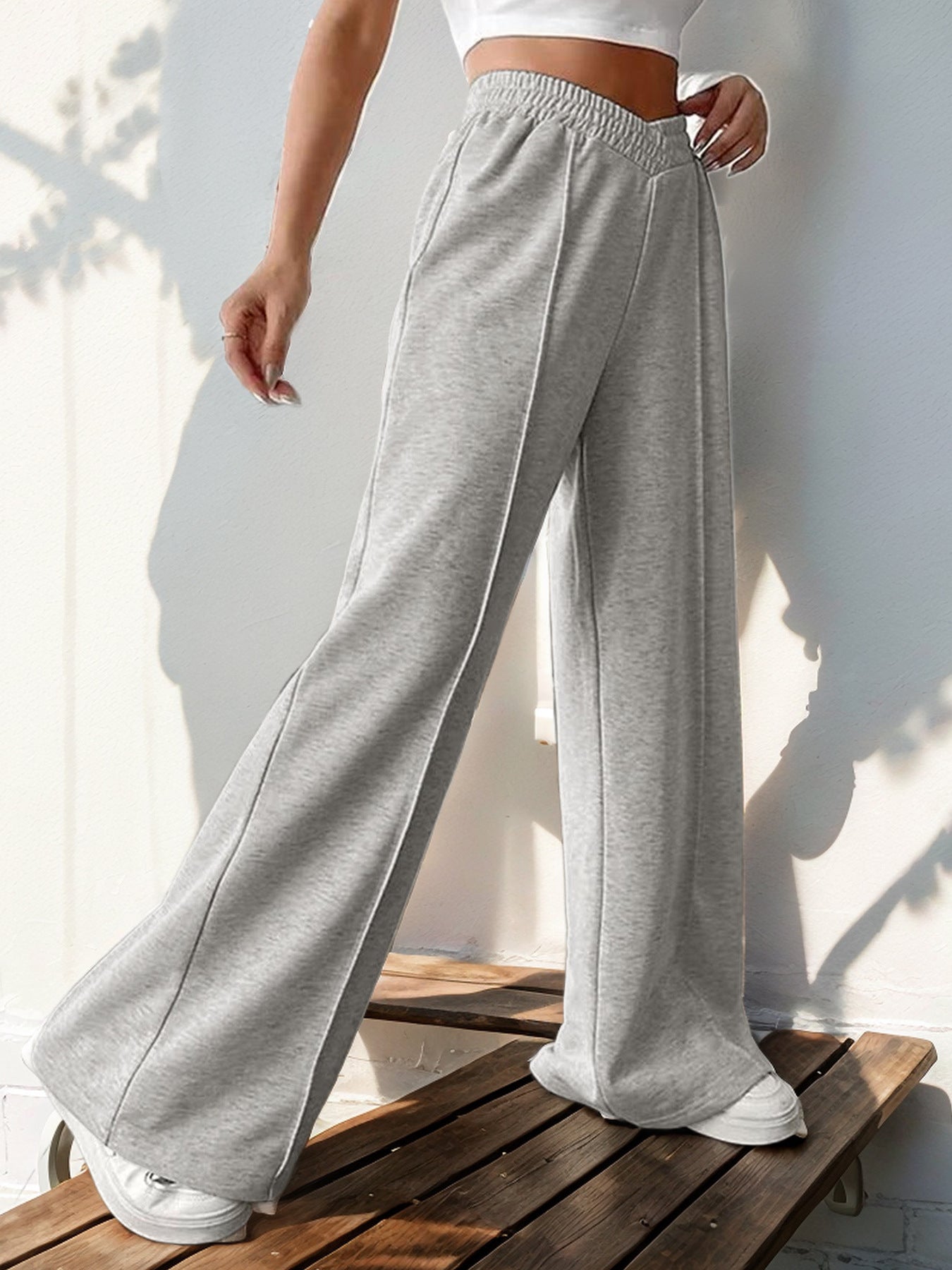 Casual Elastic V-shaped High-waisted Splicing Wide-leg Pants