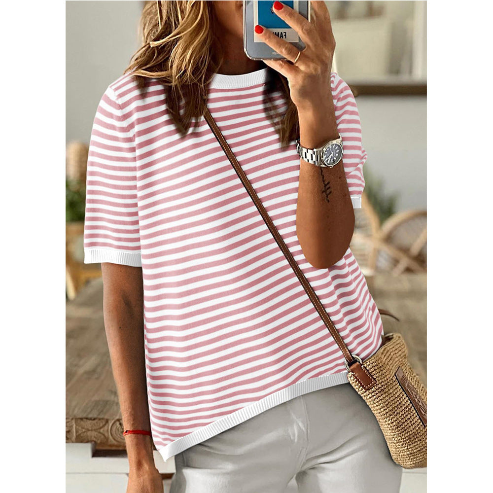 Women's Crew Neck Striped Contrast Short Sleeve Casual Sweater