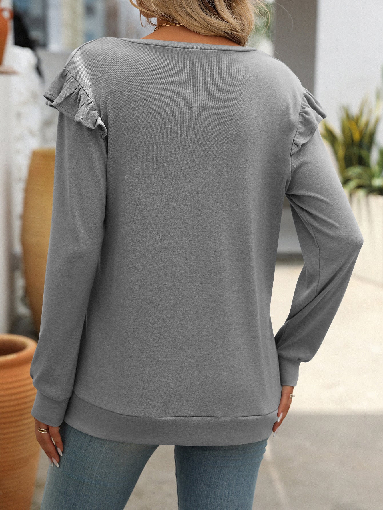 Solid Color Casual Flying Sleeve V-neck Long Sleeve T-shirt