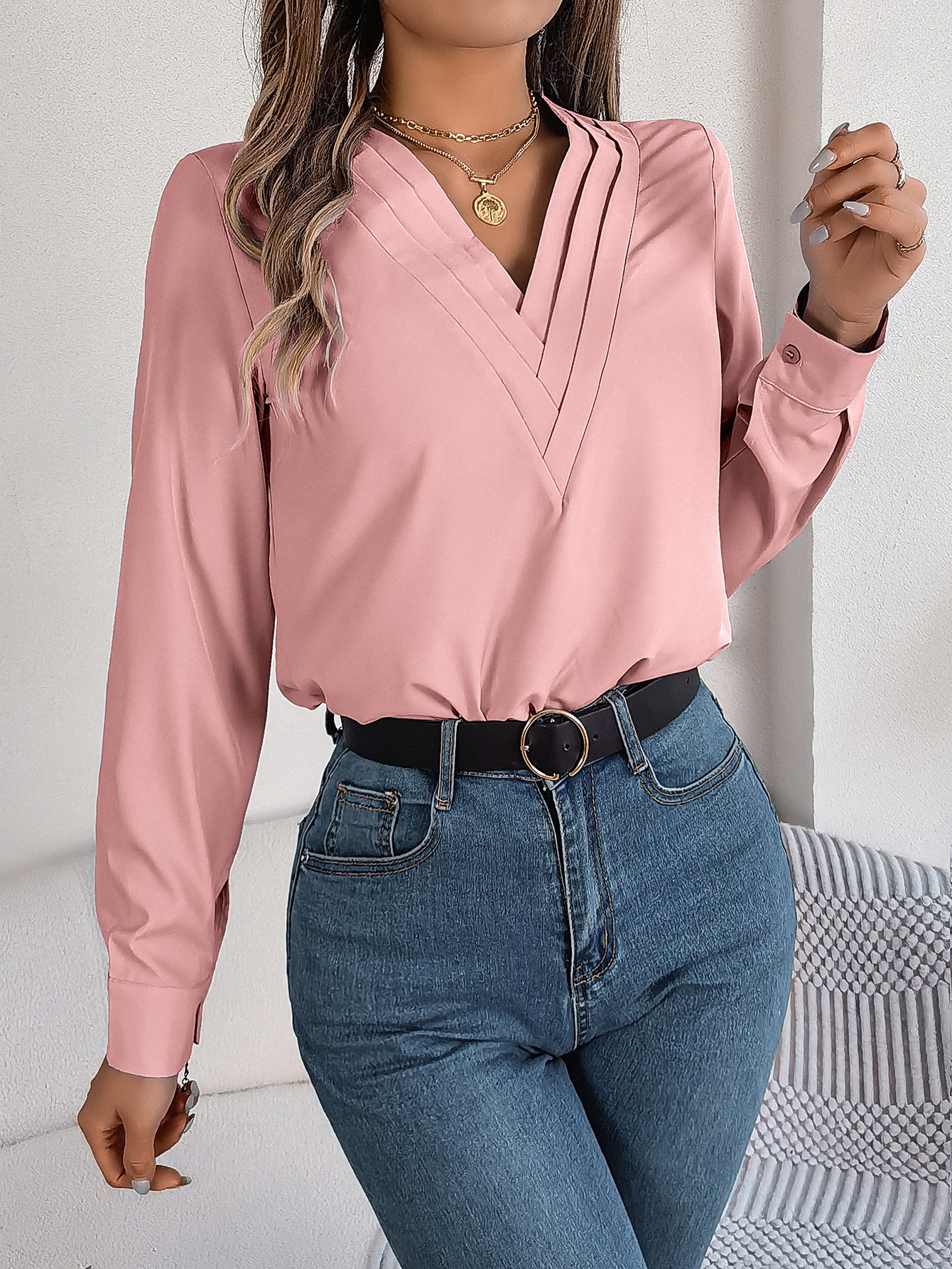 Long Sleeve Tops Pleated V Neck Dressy Casual Blouse Shirt Top