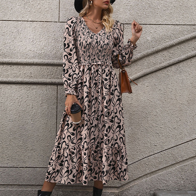 V-neck Long-sleeved Printed Dress