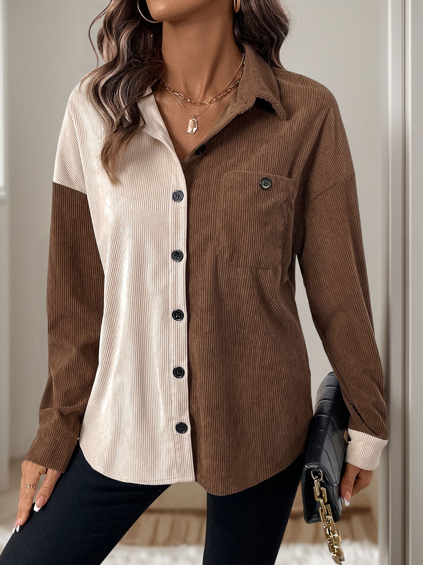 Lapel Cardigan Top Contrasting Colors