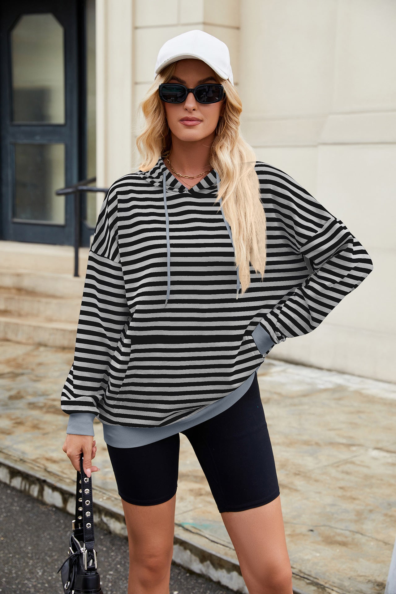 Striped Contrast Casual Hooded Loose Pocket Sweater