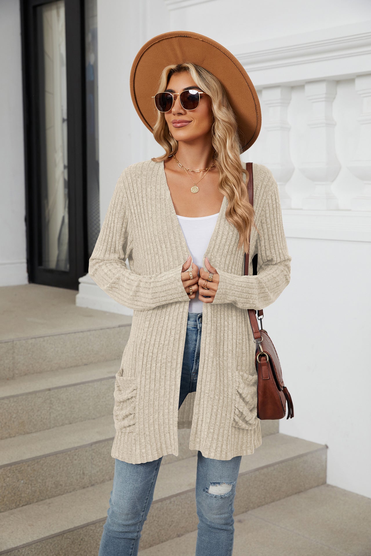 Solid Color Pocket Long-sleeved Bottom Cardigan Knitted Sweater