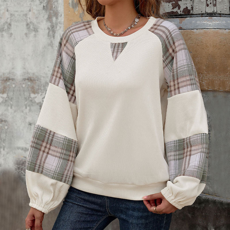 Plaid Contrasting Splicing Sweater Crew Neck Pullover Loose Top