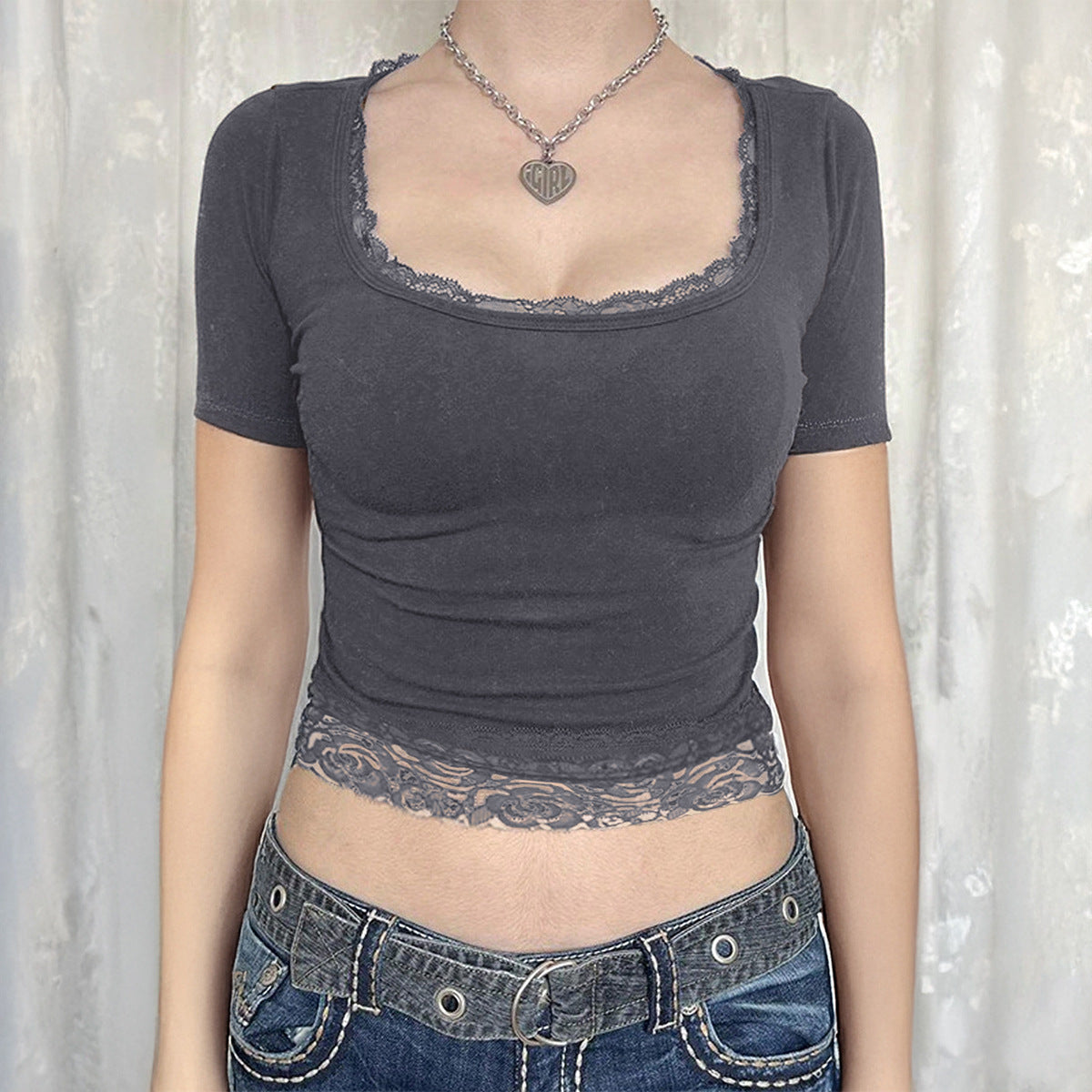 Women's Y2K Lace Trim U-Neck Slim-Fit T-Shirt