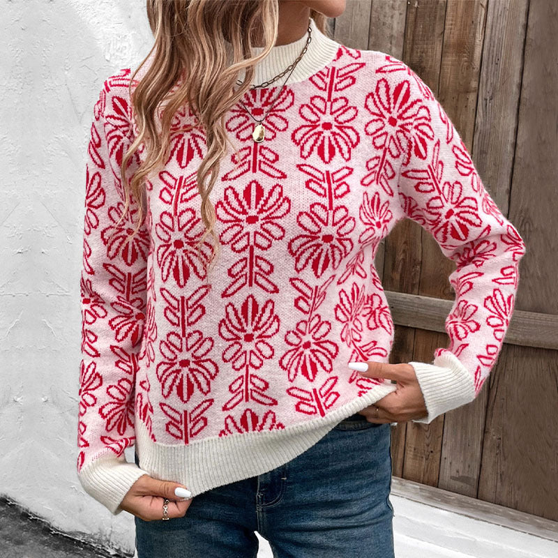 Semi-turtleneck Floral Jacquard Pink Sweater