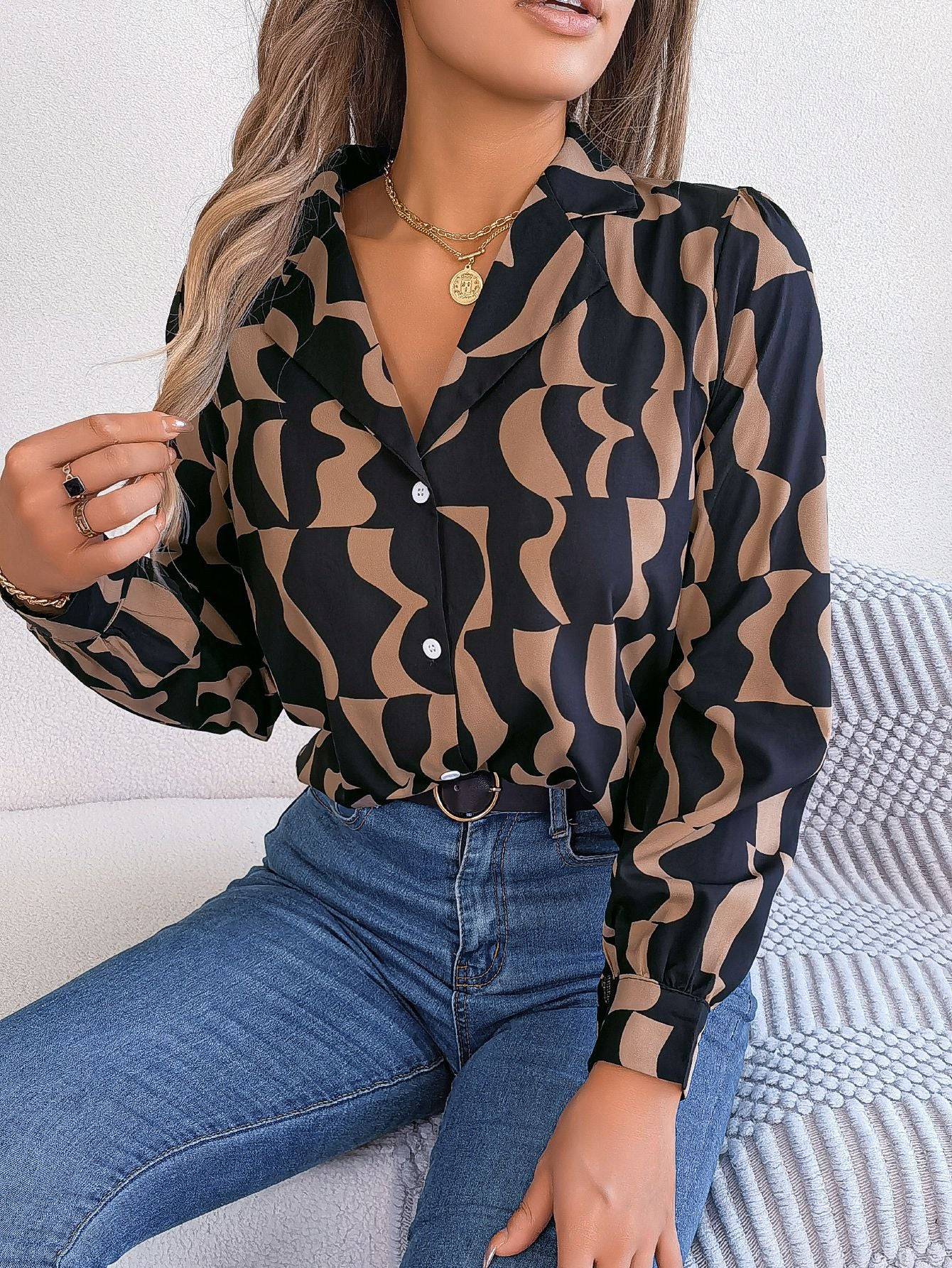 Casual Blouses Long Sleeve Button Down Shirt V Neck Lapel Tops