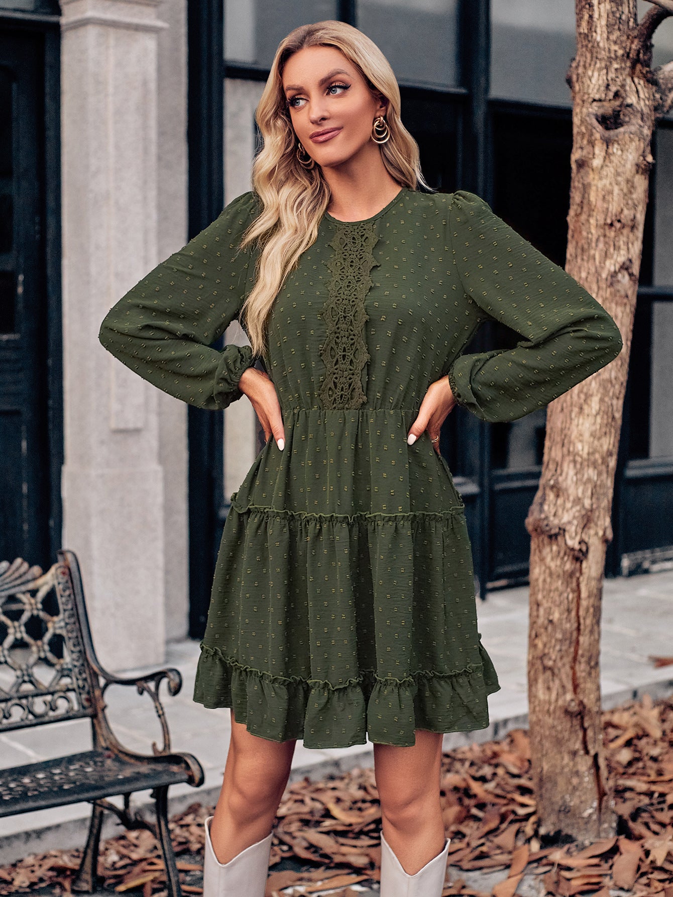 Crew Neck Solid Color Waist Lace Dress