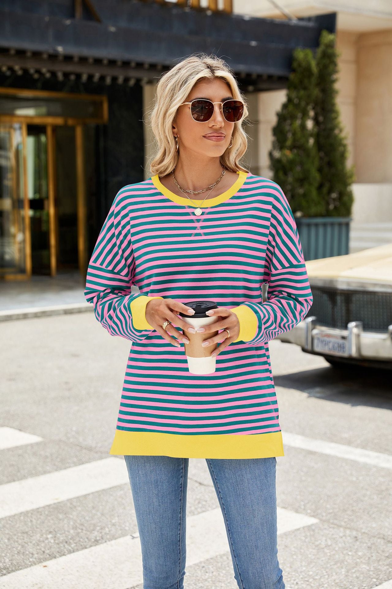 Contrasting Crew Neck Split Long Sleeve Loose Striped Sweater