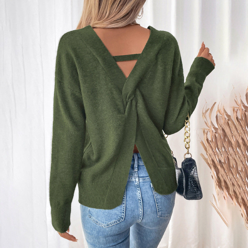 Knitted Sweater V-neck Temperament Backless Split Sweater