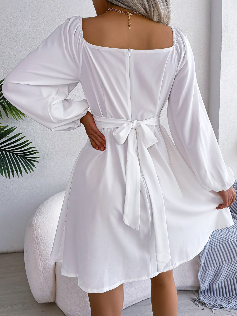 Women's Square Neck Dress Long Sleeve Elastic Waist Flowy Swing