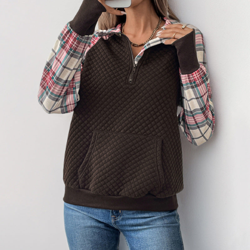 Women's Plaid Retro Splicing Retro Texture Pullover Sweater