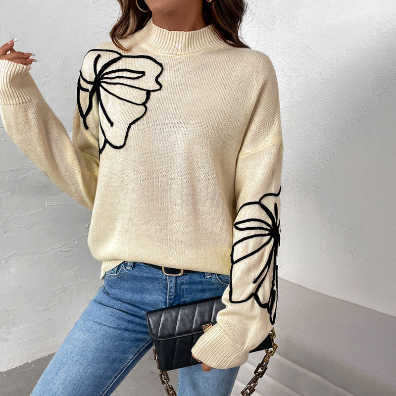 Half Turtleneck Flower Pattern Sweater Women