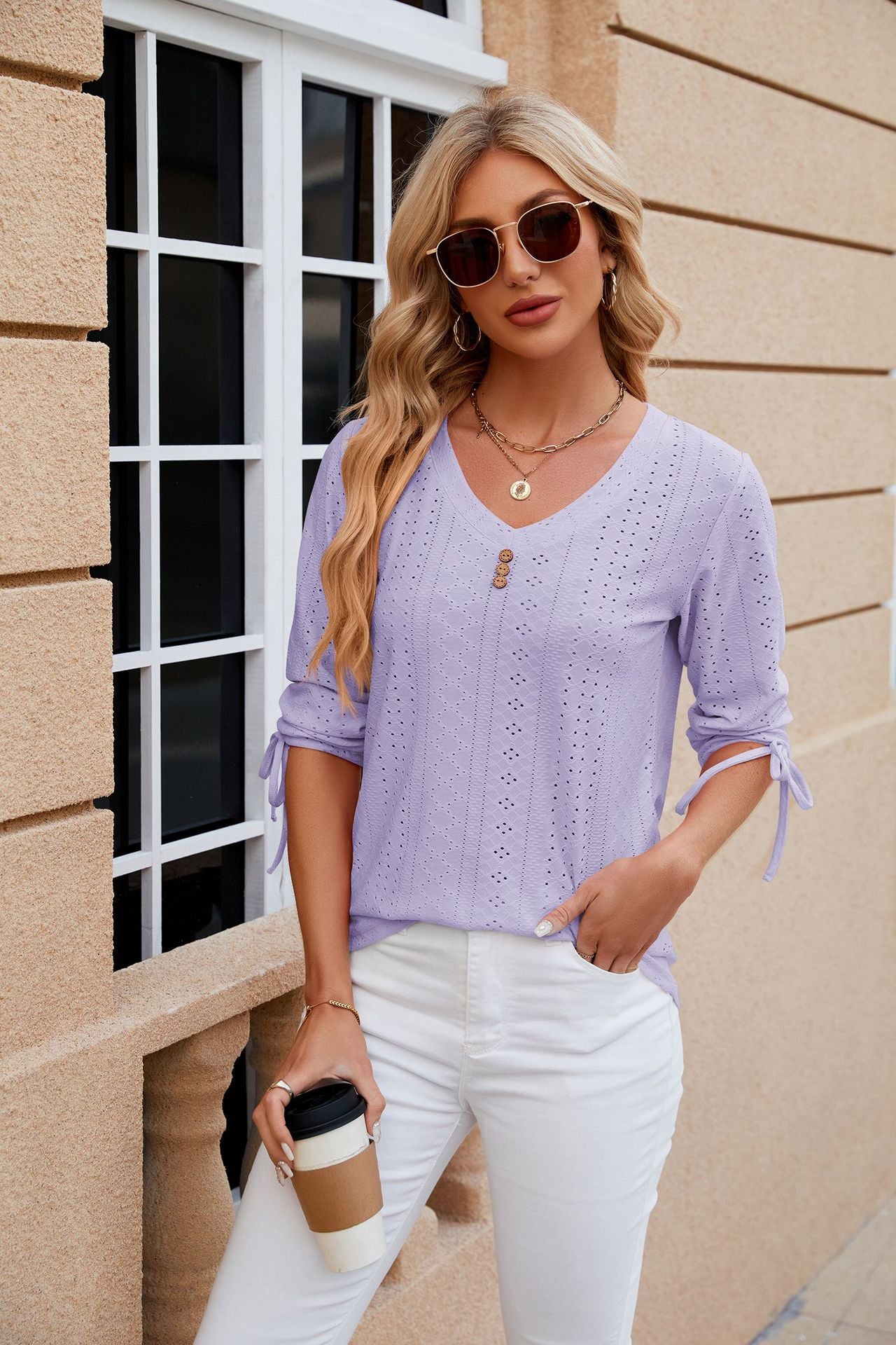 Solid Color Jacquard Button Middle Sleeve T-shirt