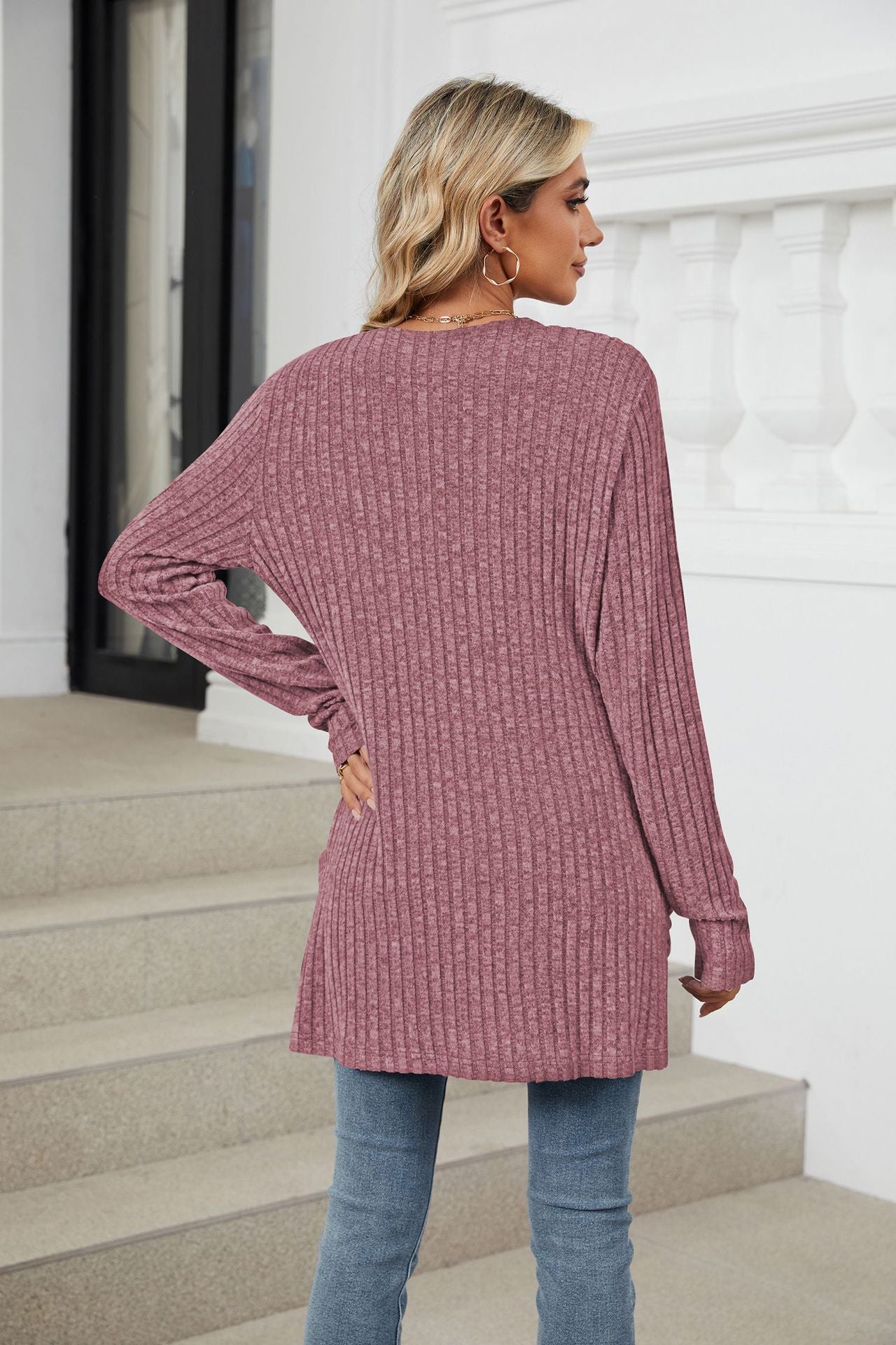 Solid Color Pocket Long-sleeved Bottom Cardigan Knitted Sweater