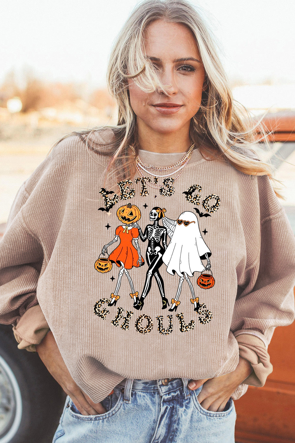 Halloween Spooky Crew Neck Pumpkin Skull Pullover Sweatshirt