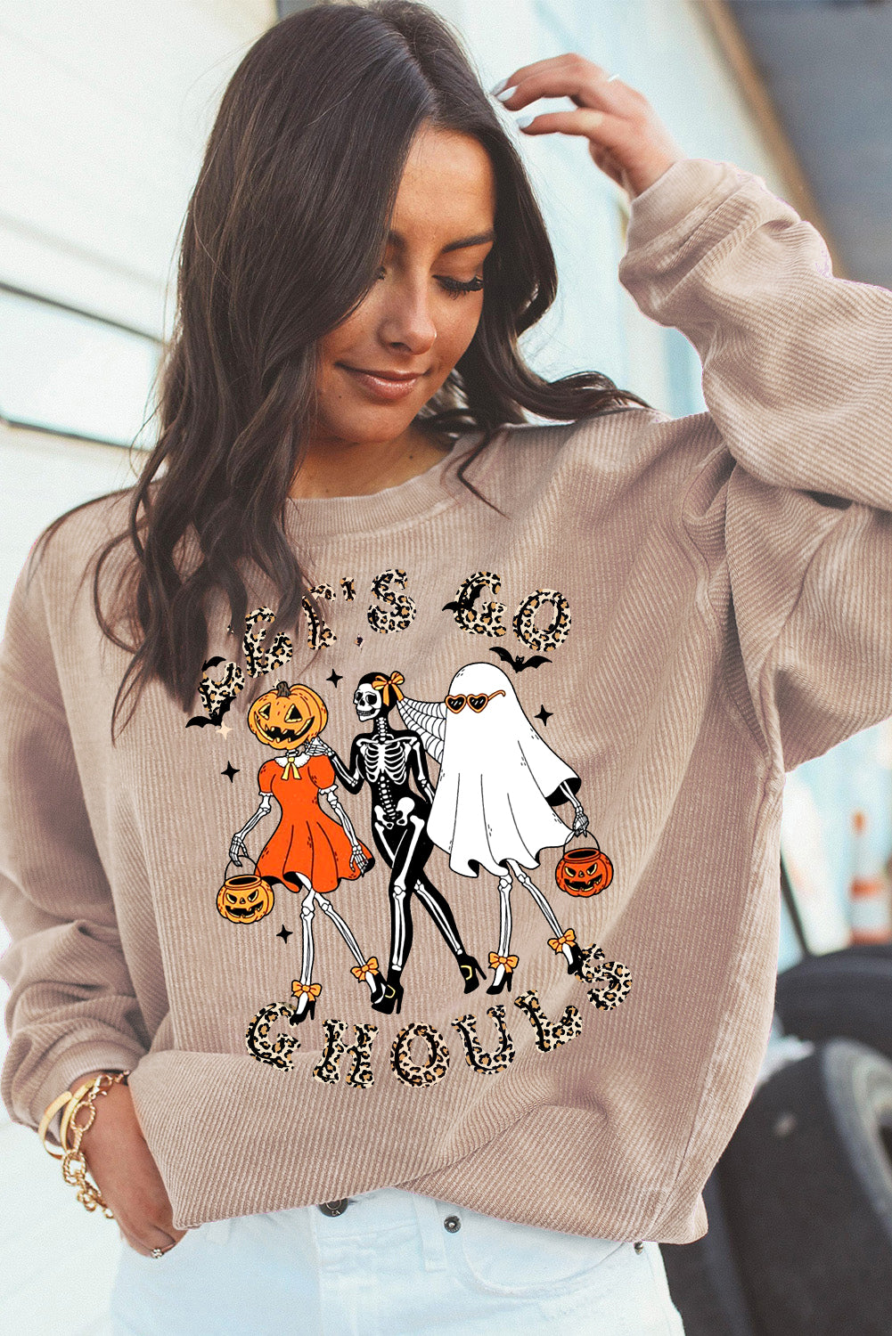 Halloween Spooky Crew Neck Pumpkin Skull Pullover Sweatshirt