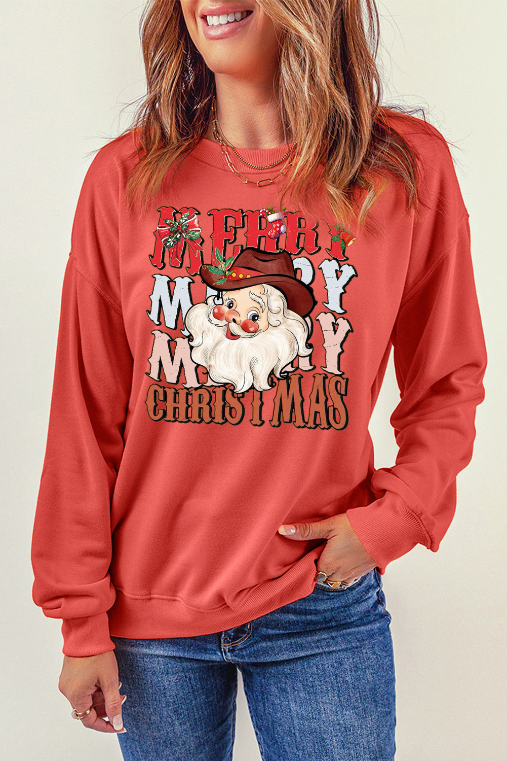 Christmas Round Neck Santa Claus Pattern Pullover Sweatshirt