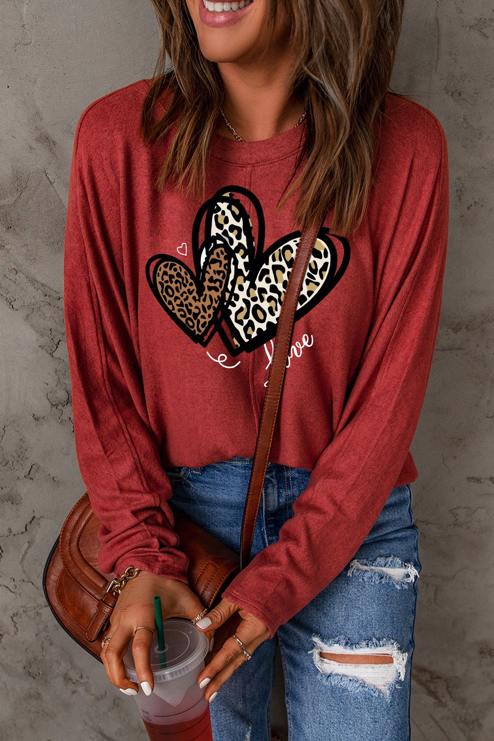 Valentine's Day Heart Leopard Print Patchwork Long Sleeve Knit Top