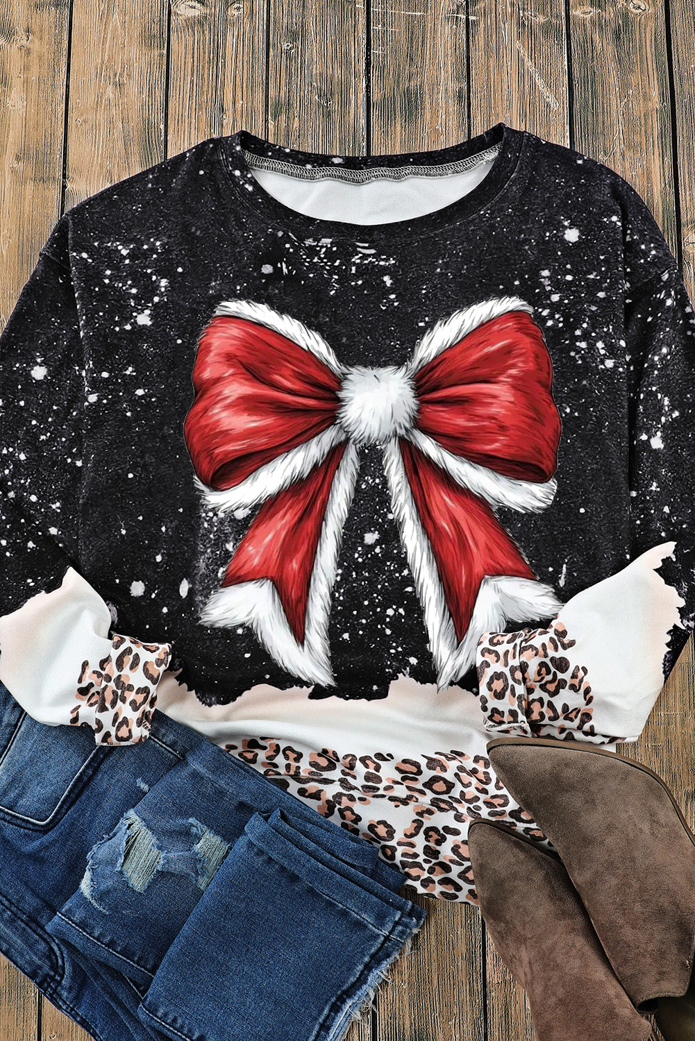 Christmas Bow Pattern Leopard Bleached Pullover Sweatshirt